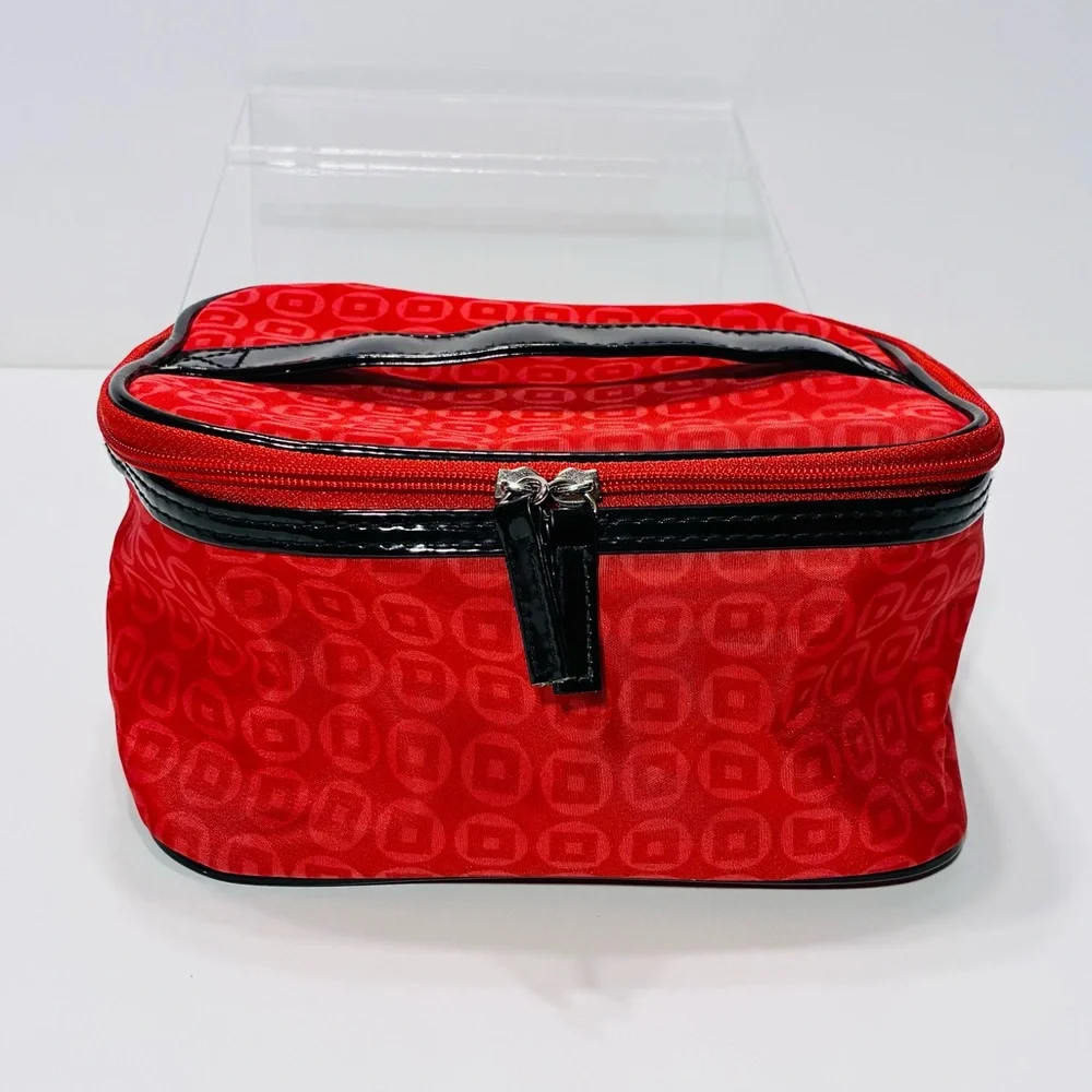 Y2K Lancôme Red Geometric Pattern Cosmetic Bag Black Patent Trim 6x7x4.5 Vintage